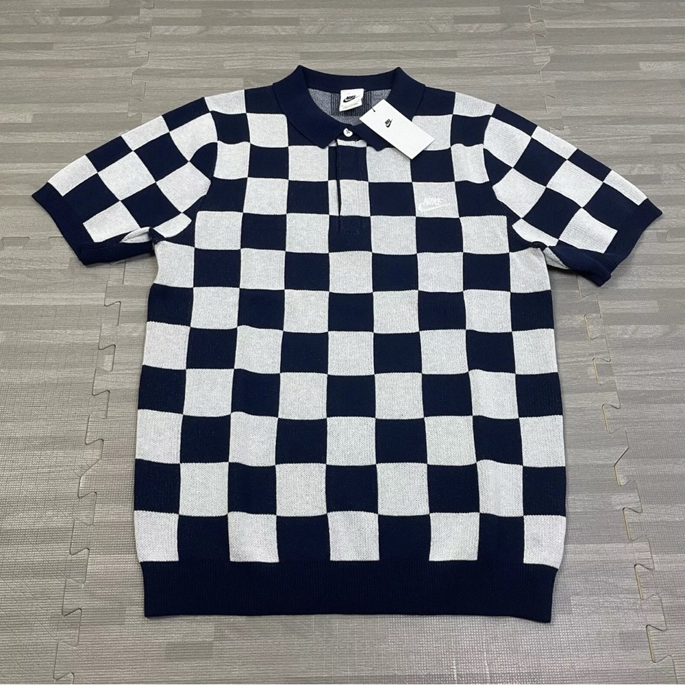 Nike Checkers Men's Polo Golf Sweater FN3422-410 Size M Off White / Navy